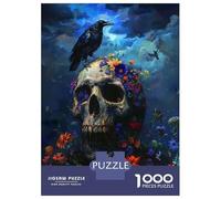 Puzzle De 1000 Pièces pour Adolescents Raven Skull Flowers Puzzle Jeux De Famille Décoration Murale Cadeaux Uniques pour Anniversaire Et Noël 52x38cm/1000pcs
