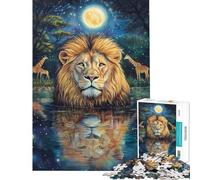 Puzzle de 1000 pièces pour Adolescents Reflet du Lion au Clair de Lune Défi intellectuel Jeu addictif pour Toute la Famille Idée Cadeau Originale (75x50cm)