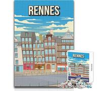 Puzzle de 1000 pièces pour Adolescents-Rennes, France-Affiche de Voyage Vintage-Maisons à colombages bretonnes-Idéal pour s'amuser en Famille-Jeu d'analyse et de logique-Cadeau d'anniversaire-50x75cm