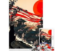 Puzzle de 1000 pièces pour adolescents représentant un village japonais avec chat et ciel rouge Décoration jouet et cadeau pour femmes et hommes Jeu éducatif idéal pour un anniversaire ou Noël 38x52cm