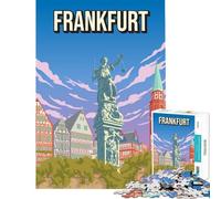 Puzzle de 1000 pièces pour Adolescents représentant Une Affiche de Voyage Vintage de Francfort en Allemagne avec la Dame Justice de Römerberg Jeu éducatif et Amusant idéal et comme Cadeau