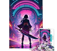 Puzzle de 1000 pièces pour Adolescents représentant Une Fille samouraï néon Tenant Une Lame dans Un Paysage Urbain Jeu Familial pour Adultes idéal pour Les Courses de Vitesse manuelles Cadeau Parfait