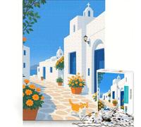 Puzzle de 1000 pièces pour Adolescents Rue d'une île Grecque avec Chat, Jeu Manuel, améliore la mémoire, Cadeau Unique pour Un Anniversaire ou Noël 50x75cm