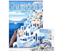Puzzle de 1000 pièces pour Adolescents Santorin Grèce Poster rétro Jeu de Construction Cadeau d'anniversaire Casse-tête idéal pour décorer Un Bureau Dimensions 38x26cm