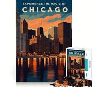 Puzzle de 1000 pièces pour Adolescents Silhouette de Chicago au Coucher du Soleil Affiche de Voyage Art épuré Jeu de logique Jeu de Loisirs Cadeau d'anniversaire Artistique (50x75cm)