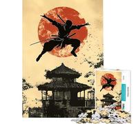 Puzzle de 1000 pièces pour Adolescents : Silhouette de Ninja et Temple Japonais Activités Amusantes à la Maison Jeu de détente et d'assemblage pour Les 14 Ans et Plus 38x52cm