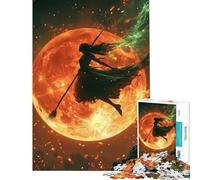 Puzzle de 1000 pièces pour Adolescents Silhouette de sorcière Volant Devant Une Lune de feu Activités Amusantes à la Maison améliore la mémoire Jeu Familial Convient aux 14 Ans et Plus (38x26cm)