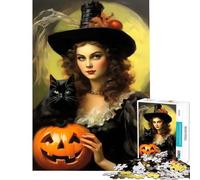 Puzzle de 1000 pièces pour Adolescents Sorcière d'halloween Vintage avec Chat Noir Jeu de réflexion et de Stimulation intellectuelle Idée Cadeau éducative (Dimensions 38x26cm)