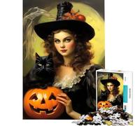 Puzzle de 1000 pièces pour Adolescents Sorcière d'halloween Vintage avec Chat Noir Jeu éducatif et ludique pour Toute la Famille Cadeau pour Femmes et Hommes (Dimensions 75x50cm)