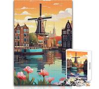 Puzzle de 1000 pièces pour Adolescents sur Le thème du Moulin à Vent d'Amsterdam : Un Jeu Stimulant d'analyse et de logique,idéal pour Un Cadeau de Noël Secret Dimensions : 38x26cm