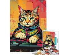 Puzzle de 1000 pièces pour Adolescents Synthwave Cool DJ Cat - Neon Beats ﹨u Pixel Paws Puzzle pour Adultes Jeu Manuel Découpe de précision Activités Amusantes à la Maison (Taille 38x26cm)