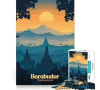 Puzzle de 1000 pièces pour Adolescents Temple de Borobudur au Coucher du Soleil Jeu et Facile à Assembler Idéal pour stimuler l'esprit et Passer Un Moment agréable,Parfait pour Une décoration de Noël