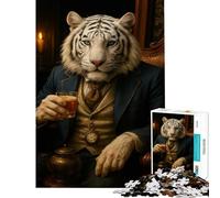 Puzzle de 1000 pièces pour Adolescents Tigre anthropomorphe Gentleman Buvant du thé Difficile et Stimulant Décoration d'intérieur Jouet Anti-Stress Convient aux 14 Ans et Plus 38x26cm
