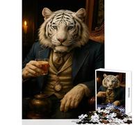Puzzle de 1000 pièces pour Adolescents Tigre anthropomorphe Gentleman prenant Le thé Jeu éducatif Cadeau pour Femmes et Hommes Casse-tête Collection d'artistes Beaux-Arts Dimensions 38 x 52cm
