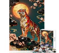 Puzzle de 1000 pièces pour Adolescents Tigre orné de Lune et de Fleurs Décoration Murale Cadeau d'anniversaire Jeu Relaxant pour stimuler la motricité Fine et Le Cerveau Dimensions 50x75cm