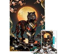 Puzzle de 1000 pièces pour Adolescents Tigre orné de Lune et de Fleurs défi éducatif Jeu de détente pour Les 14 Ans et Plus 38x52cm