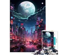 Puzzle de 1000 pièces pour Adolescents Tokyo Moon Night Difficile et Stimulant mais Amusant et Humoristique Décoration Murale Convient aux 14 Ans et Plus 38x26cm