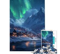 Puzzle de 1000 pièces pour Adolescents Village enneigé sous aurores boréales Puzzle de précision à Monter soi-même idéal comme Cadeau pour Toute la Famille (38x26cm)