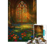 Puzzle de 1000 pièces pour Adolescents Vitrail Floral avec Banc Puzzle de précision pour Adolescents Jeu Parent-Enfant Cadeau de Noël ou d'anniversaire (Dimensions 50x75cm)
