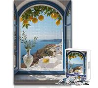 Puzzle de 1000 pièces pour Adolescents - Vue de Santorin par Une fenêtre Ouverte - Idéal pour se détendre et se Relaxer - Découpe Nette et régulière - Dimensions:38x26cm