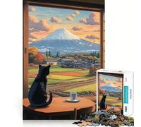 Puzzle de 1000 pièces pour Adolescents Vue du Mont Fuji par Un Chat Design Finement découpé Jeu de Concentration pour se détendre et Passer Un Moment agréable Cadeau de Noël ou de Loisirs