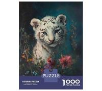 Puzzle De 1000 Pièces pour Adolescents White Tiger Cub in Flowers Casse-tête pour Adultes - Jeu De Réflexion - Décoration Parfaite - Difficile Et Stimulant 52x38cm/1000pcs