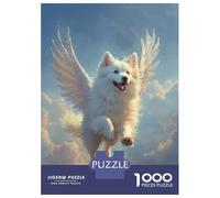 Puzzle De 1000 Pièces pour Adolescents Winged Samoyed Dog Flying in Sky Samoyed Angel Heavenly Tribute Art Puzzles pour Adultes Jeux Relaxants Découpe De Précision Cadeaux De Noël Et d'anniversaire