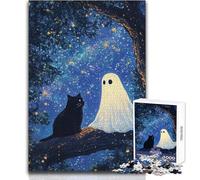 Puzzle de 1000 pièces pour adolescentsChat Noir et fantôme sous Un Ciel étoilé, Jeu de Course de Vitesse Manuelle Relaxant pour Les 14 Ans et Plus (Taille 38x52cm)