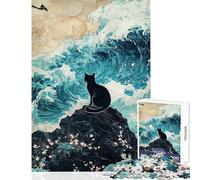 Puzzle de 1000 pièces pour adolescentsChat Noir sur Un Rocher avec des Vagues Jeu de réflexion décoration Parfaite Jouet Amusant pour s'amuser à la Maison (75x50cm)