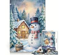 Puzzle de 1000 pièces pour Adultes,38x26cm,représentant Un Chalet d'hiver avec Un Bonhomme de Neige à l'aquarelle Idéal pour développer la logique,se divertir et Passer Un Bon Moment Bords Nets