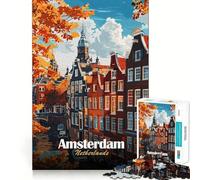 Puzzle de 1000 pièces pour Adultes Amsterdam,Pays-Bas Illustration d'un Paysage Urbain d'automne Jeu de réflexion Amusant et précis pour se détendre et s'amuser Cadeau d'anniversaire