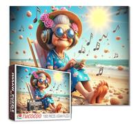 Puzzle de 1000 pièces pour adultes - Amusant grand-mère écoutant de la musique sur la plage - Casse-tête rétro unique - Puzzle d'art fantaisiste unique - Défi d'activités relaxantes - Cadeau amusant