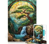 Puzzle de 1000 pièces pour Adultes Arbre bonsaï,vitrail,Bords Nets,Jeu de logique,Jeu d'adresse,décoration de Noël (38x52cm)