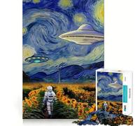Puzzle de 1000 pièces pour Adultes Astronaute dans Un Champ de tournesols avec des OVNI,découpe précise,Jeu de réflexion,Loisir créatif,Cadeau d'anniversaire Amusant (38x26cm)
