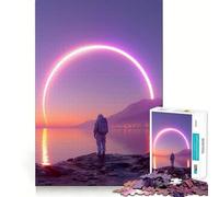 Puzzle de 1000 pièces pour Adultes Astronaute et Anneau néon au Coucher du Soleil Jeu aux Bords Nets Stimulation Cognitive Jeu de Relaxation Cadeau Festif et Amusant (50x75cm)