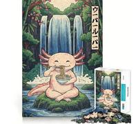 Puzzle de 1000 pièces pour Adultes Axolotl Mangeant des Ramen près d'une Cascade Jeu aux Bords Nets Stimulation Cognitive Jeu de Relaxation Cadeau Festif et Amusant (38x52cm)