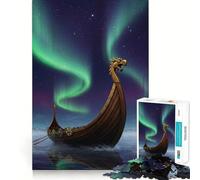 Puzzle de 1000 pièces pour Adultes : Bateau Viking sous Les aurores boréales Jeu de réflexion Stimulant,découpe précise,alignement Parfait,activité Amusante en Famille Le Soir (38x26cm)