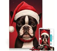 Puzzle de 1000 pièces pour Adultes Boston Terrier Noël Jeu de Concentration et de précision pour Passer Un Moment agréable et Amusant Décoration Artistique de Noël (38x52cm)