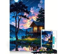 Puzzle de 1000 pièces pour Adultes Cabane au Bord du lac la Nuit Jeu de réflexion Amusant et précis Activité de Loisirs et d'anniversaire (38x52cm)