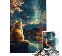 Puzzle de 1000 pièces pour Adultes Cadeau Chat contemplant Le Mont Fuji et Une pagode Japon Van Gogh Stimule Le Cerveau Tout en étant Amusant et éducatif À partir de 14 Ans 50x75cm