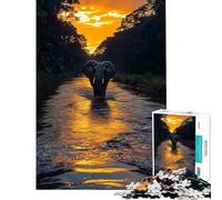 Puzzle de 1000 pièces pour Adultes Cadeau Éléphant traversant Une rivière au Coucher du Soleil Puzzle à Monter soi-même Jeu Amusant et Stimulant pour Toute la Famille (Dimensions 38x26cm)