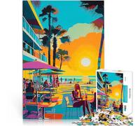 Puzzle de 1000 pièces pour Adultes Café Pop Art en Bord de mer au Coucher du Soleil Défi Difficile décoration Murale 52x38cm