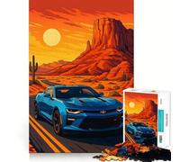 Puzzle de 1000 pièces pour Adultes Camaro Bleue,Road Trip dans Le désert,décoration aux Bords Nets,Jeu de réflexion,Divertissement Facile,décoration de Noël (38x52cm)