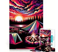 Puzzle de 1000 pièces pour Adultes Camping Coucher de Soleil WPAP Popart Découpe serrée Jeu de réflexion Amusant et Stimulant Activité de Loisirs et d'anniversaire (38x52cm)