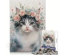 Puzzle de 1000 pièces pour Adultes Chat à Couronne de Fleurs,idéal pour développer la Concentration et favoriser Un Engagement Doux Cadeau de Noël Artistique et Facile à réaliser (50x75cm)