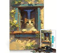 Puzzle de 1000 pièces pour Adultes Chat à la fenêtre avec des Fleurs Pièces aux découpes nettes Jeu de réflexion et de Calme Scène de Noël Artistique (50x75cm)