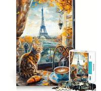 Puzzle de 1000 pièces pour Adultes Chat à Paris avec la Tour Eiffel,Jeu de logique et d'assemblage précis,Jouet Amusant,Jeu Gratuit,Cadeau d'anniversaire (50x75cm)