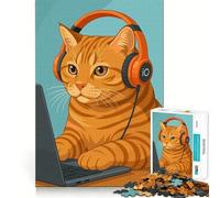 Puzzle de 1000 pièces pour Adultes Chat avec Casque Audio utilisant Un Ordinateur Portable Jeu de réflexion créatif et Amusant pour Passer Le Temps Cadeau d'anniversaire (38x26cm)