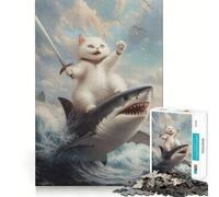 Puzzle de 1000 pièces pour Adultes Chat chevauchant Un Requin Découpe précise Jeu créatif et Relaxant Cadeau apaisant pour Noël (50x75cm)