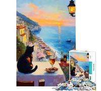 Puzzle de 1000 pièces pour Adultes Chat contemplant Le Coucher de Soleil sur la côte Italienne Jeu addictif pour cultiver la Patience Cadeau Pratique pour Femmes Œuvre d'art (Dimensions 38x26cm)
